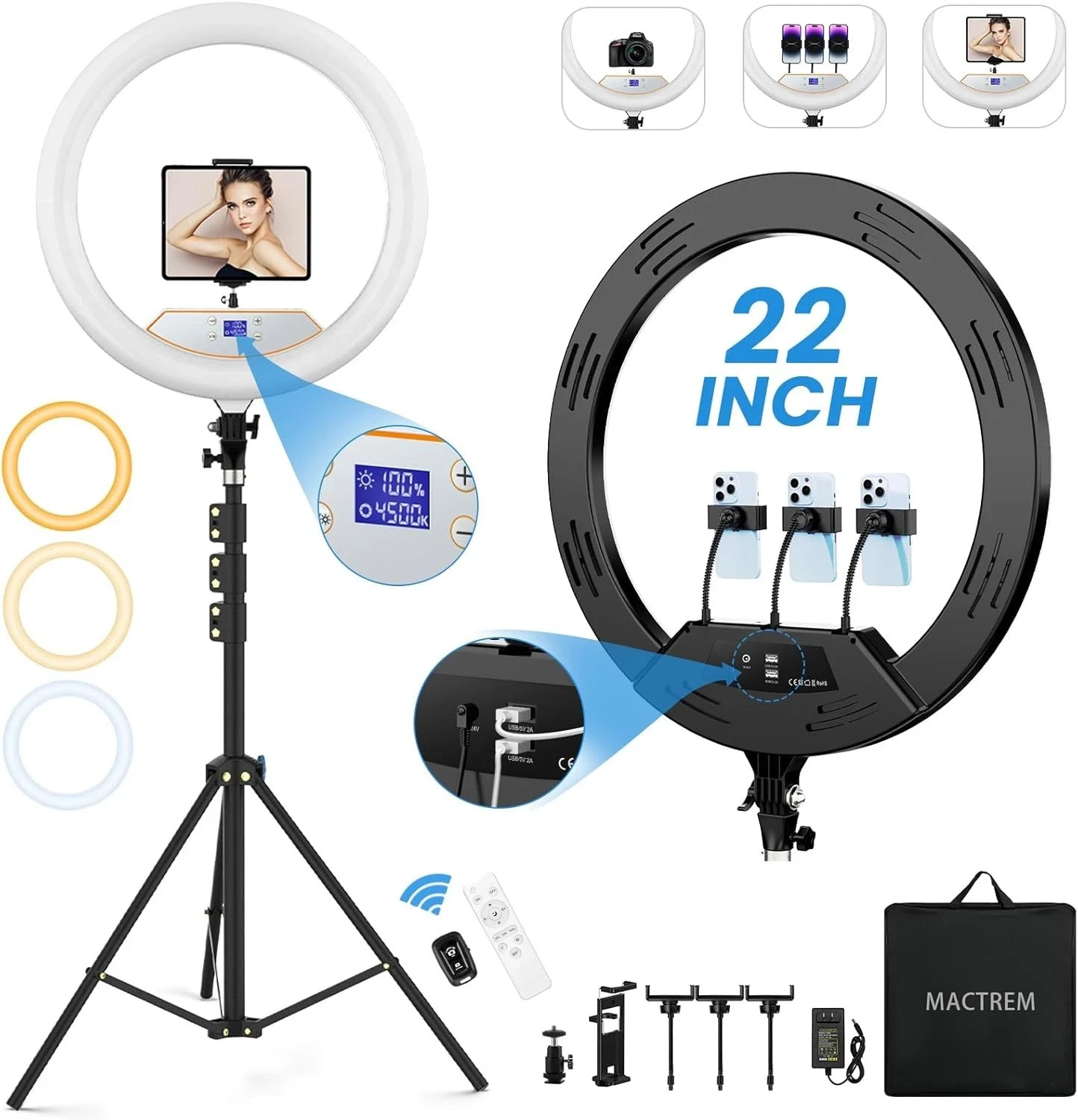 22 Inch 3 Color 50W Round Ring Light For Video & Photo 2700K - 7000K