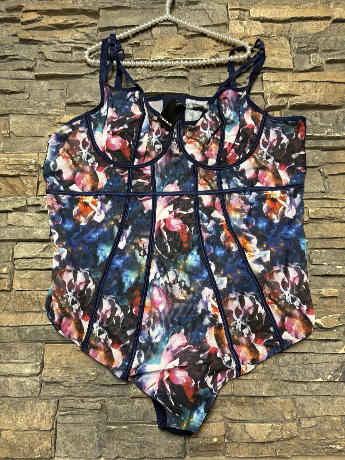 Torrid Curve Bodysuit Floral Print Sheer Mesh Corset Style Lingerie Sz 5 5X NWT