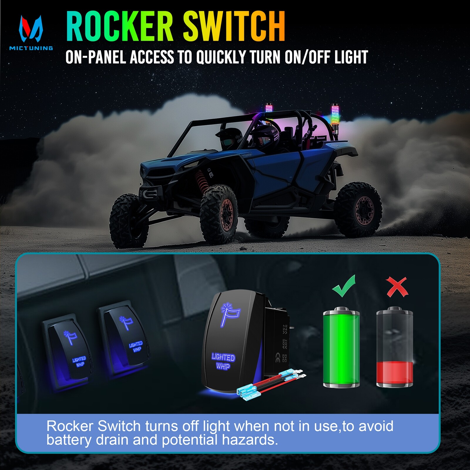 2pcs 1FT COB Fat Whip Light,RGB+IC Chasing Antenna Whips for ATV UTV SXS RZR