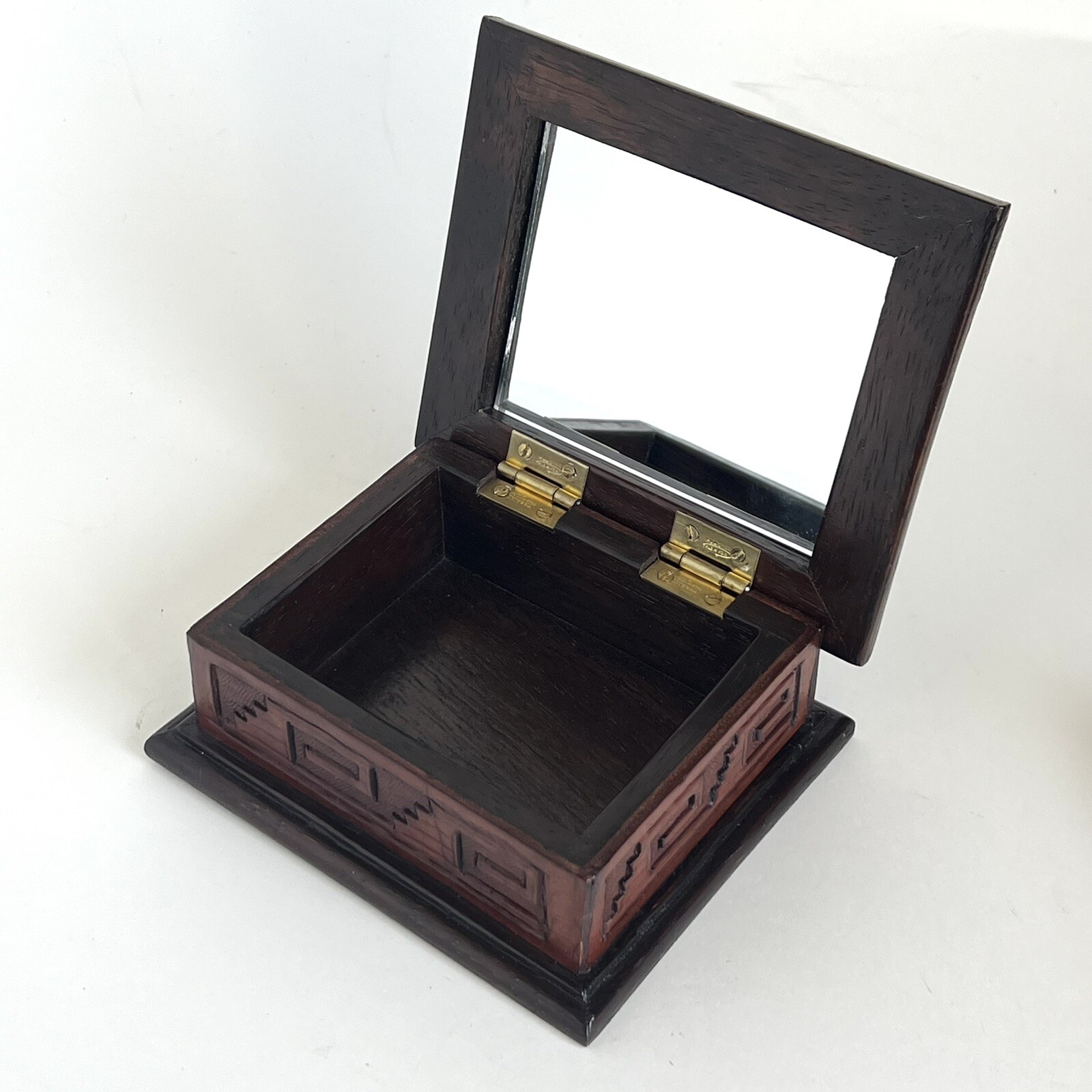 Engraved Wood Jewelry Trinket Box Peruvian Inca God of Creation With Mirror 5.5