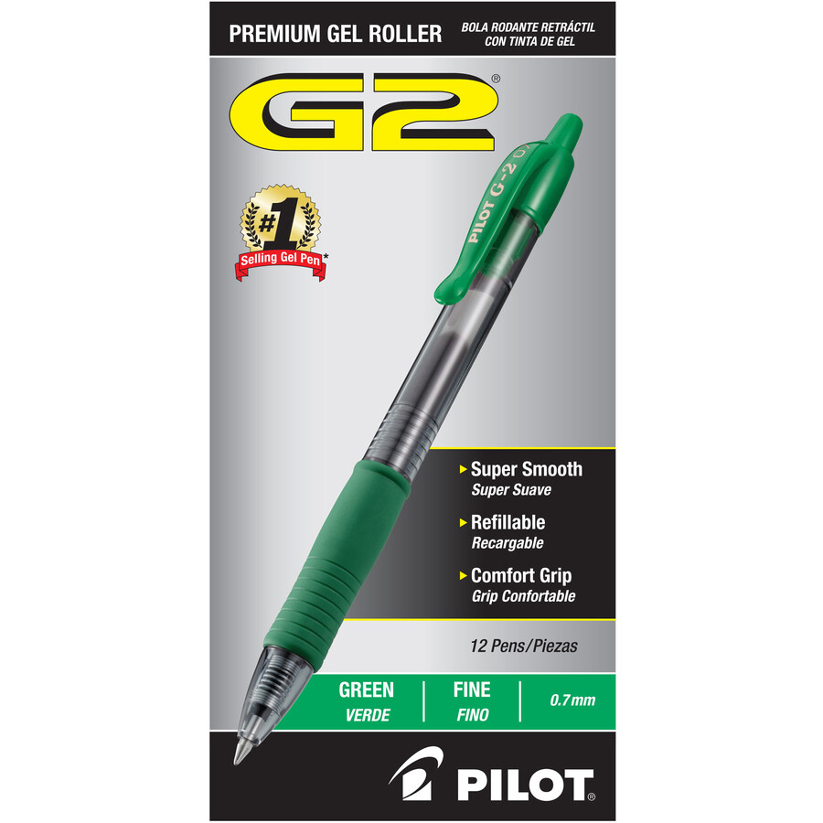 Pilot, G2 Premium Gel Roller Pens, Fine Point 0.7 mm, Green, Pack of 12