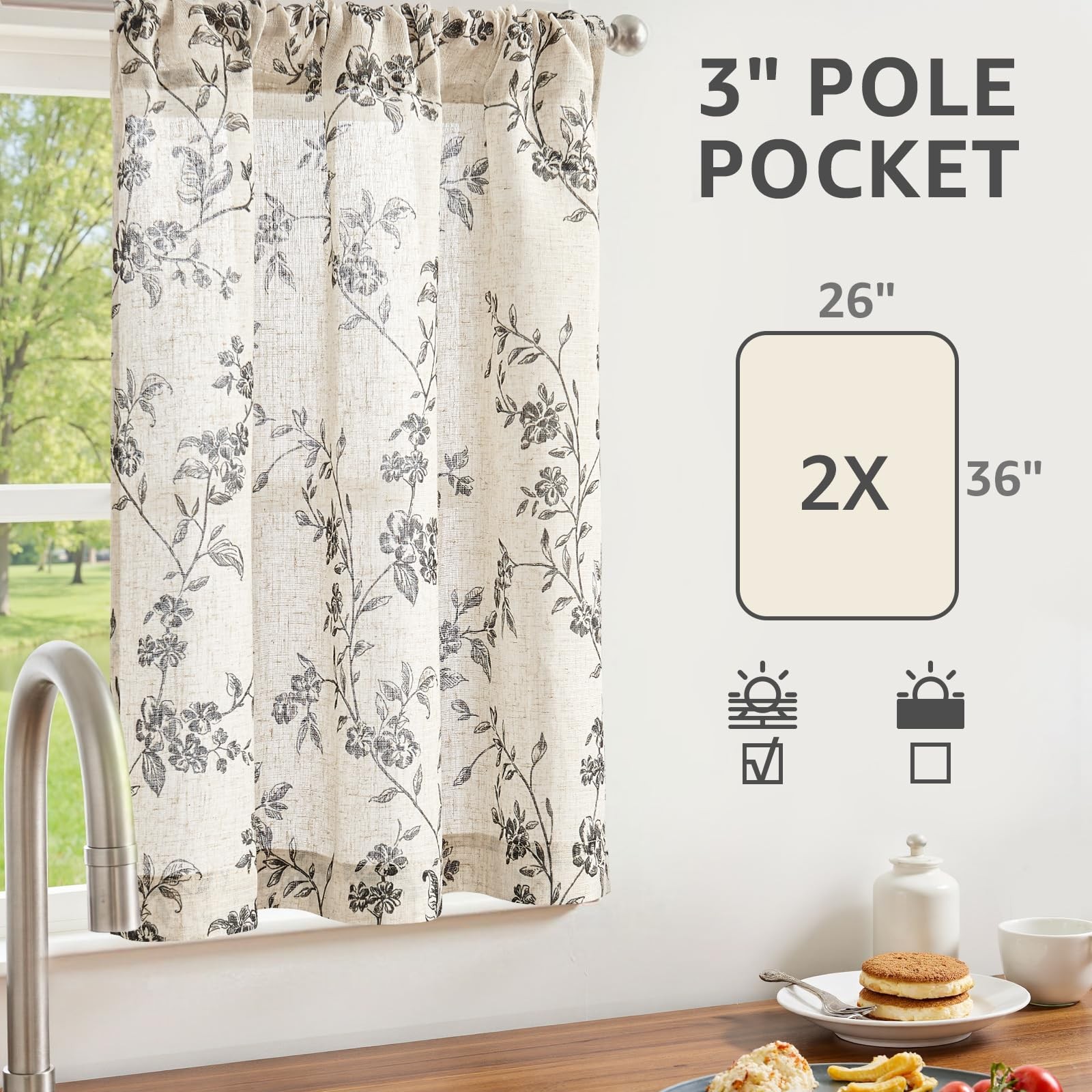 jinchan Floral Kitchen Curtains 26"W x 36"L (Pack of 2), Alisa Black on Linen