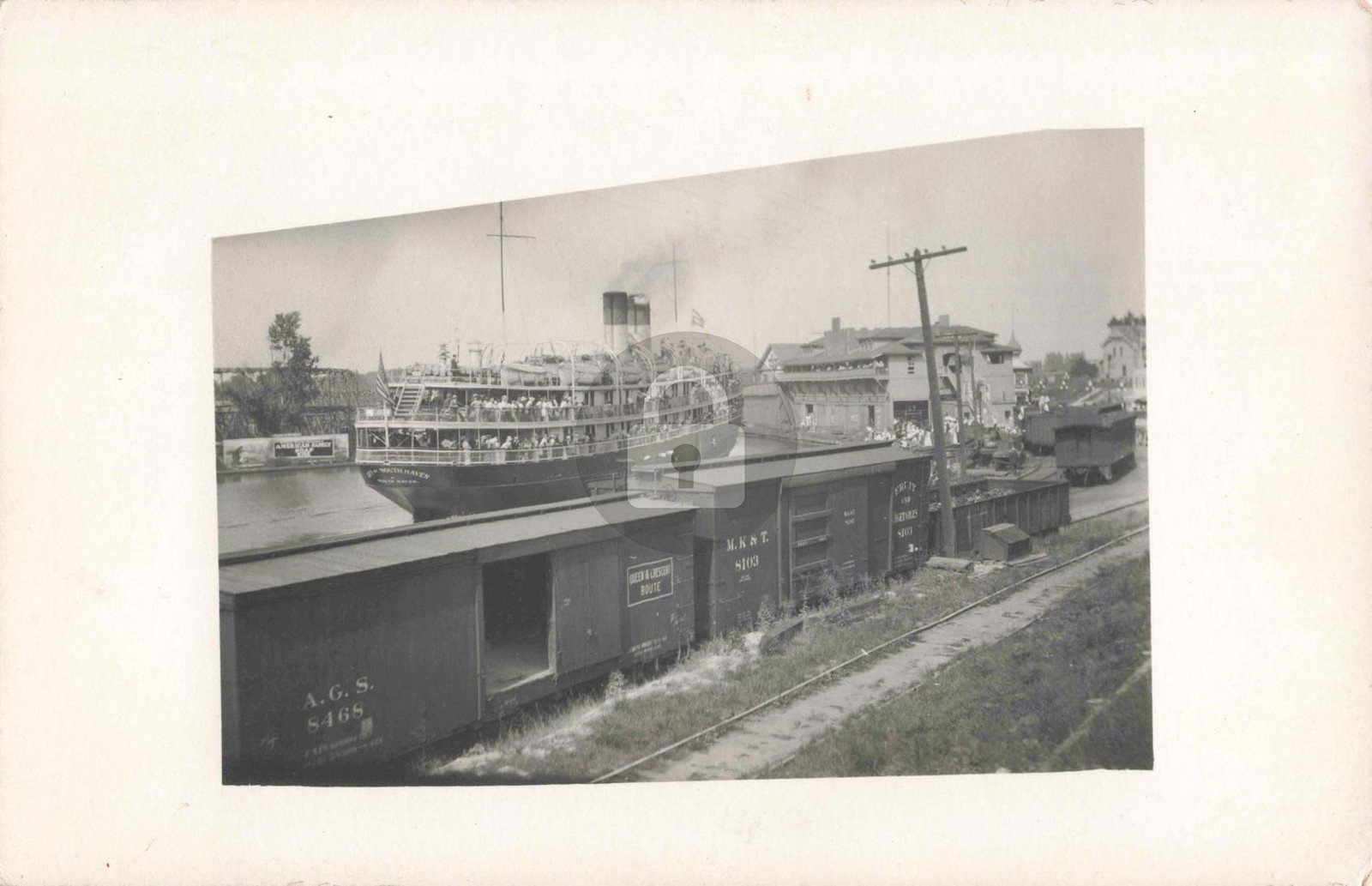 Railroad Train by Boat, South Haven MI Michigan 1914 RPPC Photo Postcard COPY