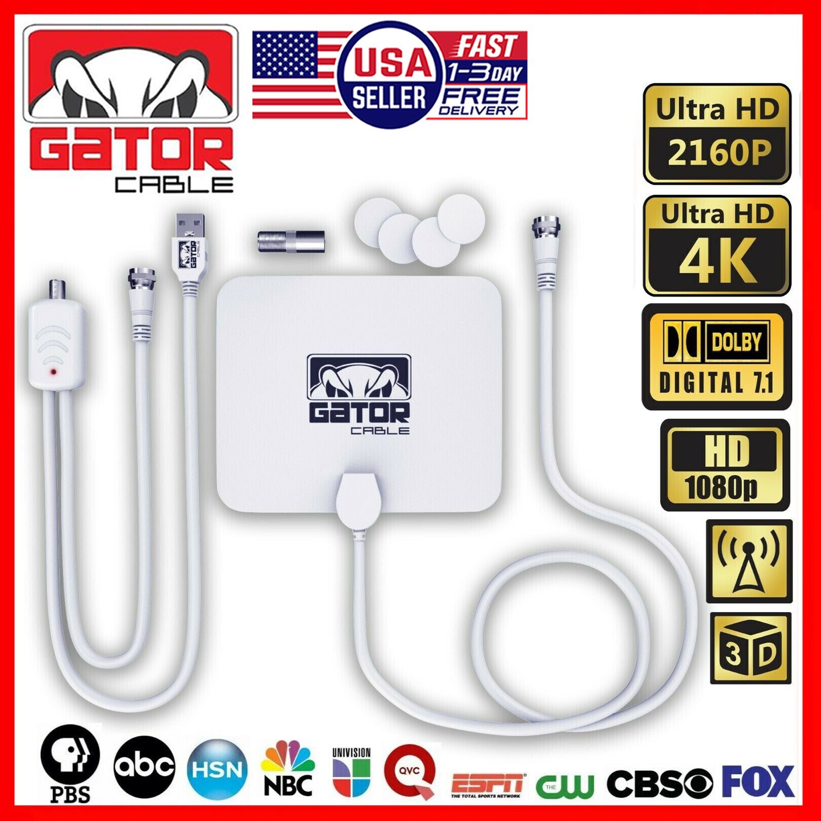 Digital TV Antenna HDTV 4K 1080p Indoor Amplifier 3600 Miles Long Signal Range