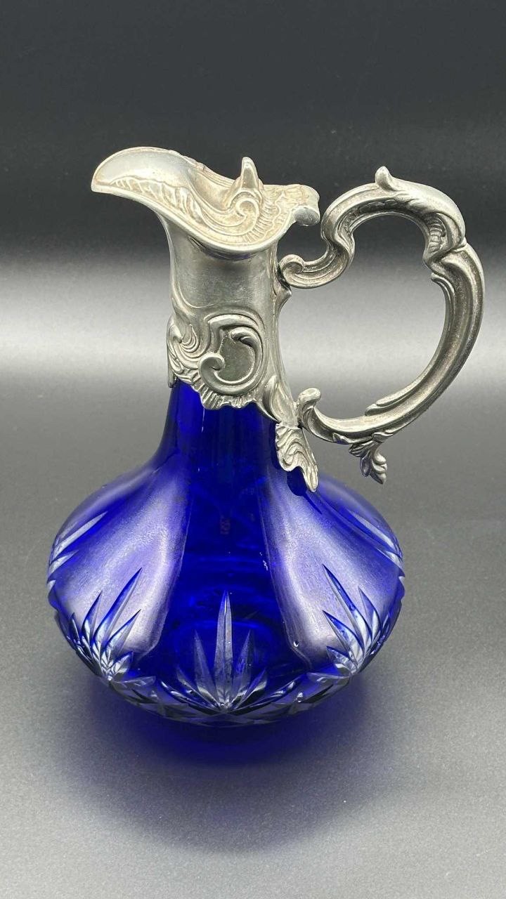 Antique Bohemian Cobalt Cut Glass Pitcher Pewter Mounted Art Nouveau 8.75”