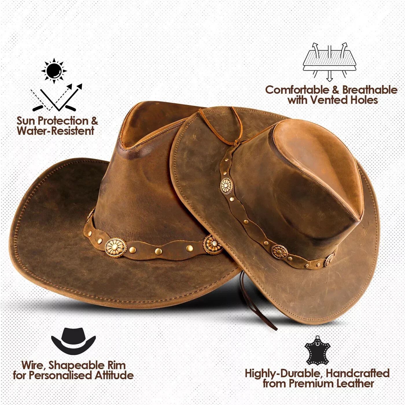 Men and Women Brown Genuine Leather Cowboy Western Hat