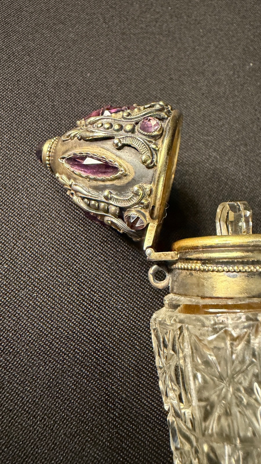 Rare Victorian Sterling with Faceted Amethyst Stones & Cut Cyrstal Scent Bottle