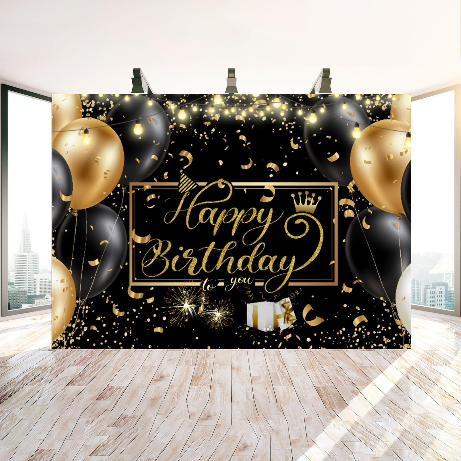Black and Gold Birthday Backdrop Happy Birthday Backdrop Golden Sparkle Shini...
