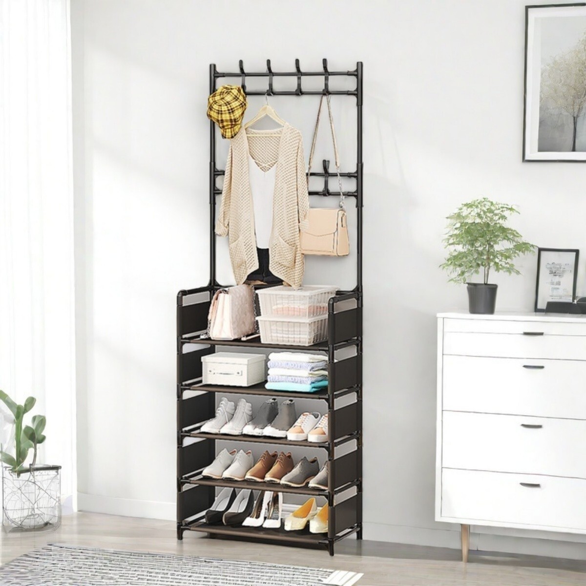 Coat Rack with Shoe Storage,5-Tier Shoe Rack and 8 Clothes Hooks Coat Rack Black