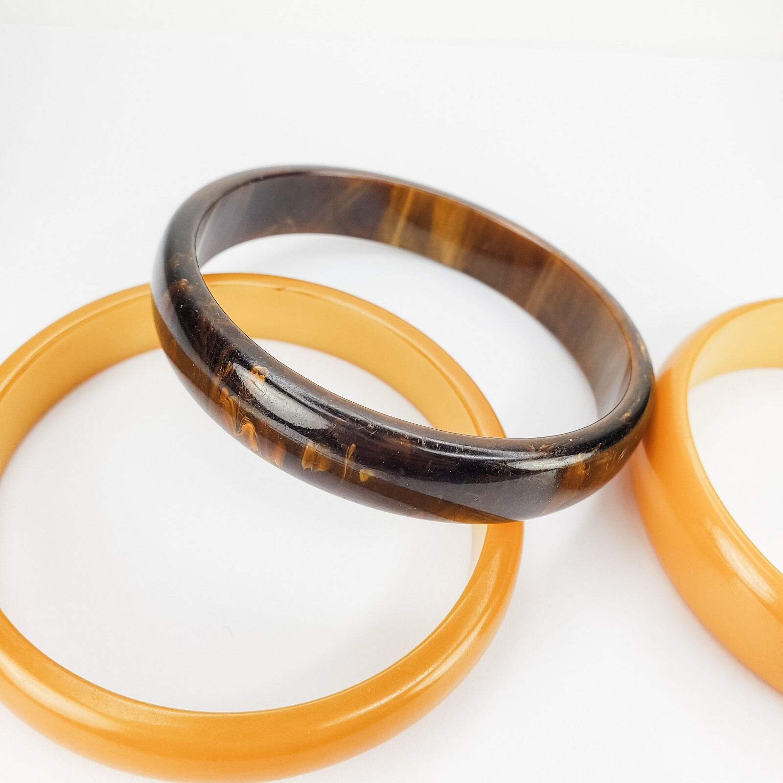 Set of 3 Two Butterscotch Yellow and One Brown Swirled Bakelite Bangle Bracelets