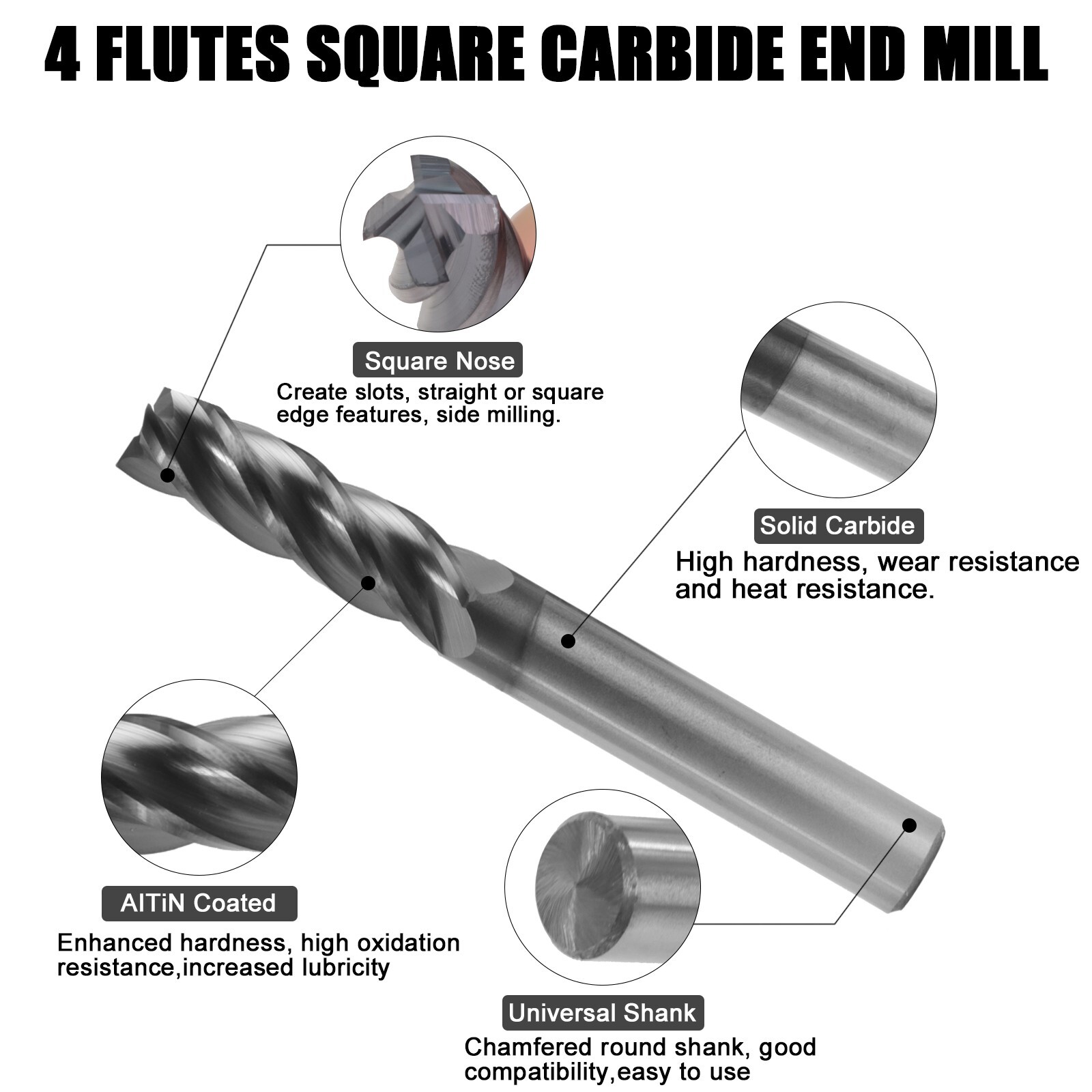 5PCS 4 Flute 3/8" x 1-1/4" x 3" Long Solid Carbide End Mill - AlTiN Coated