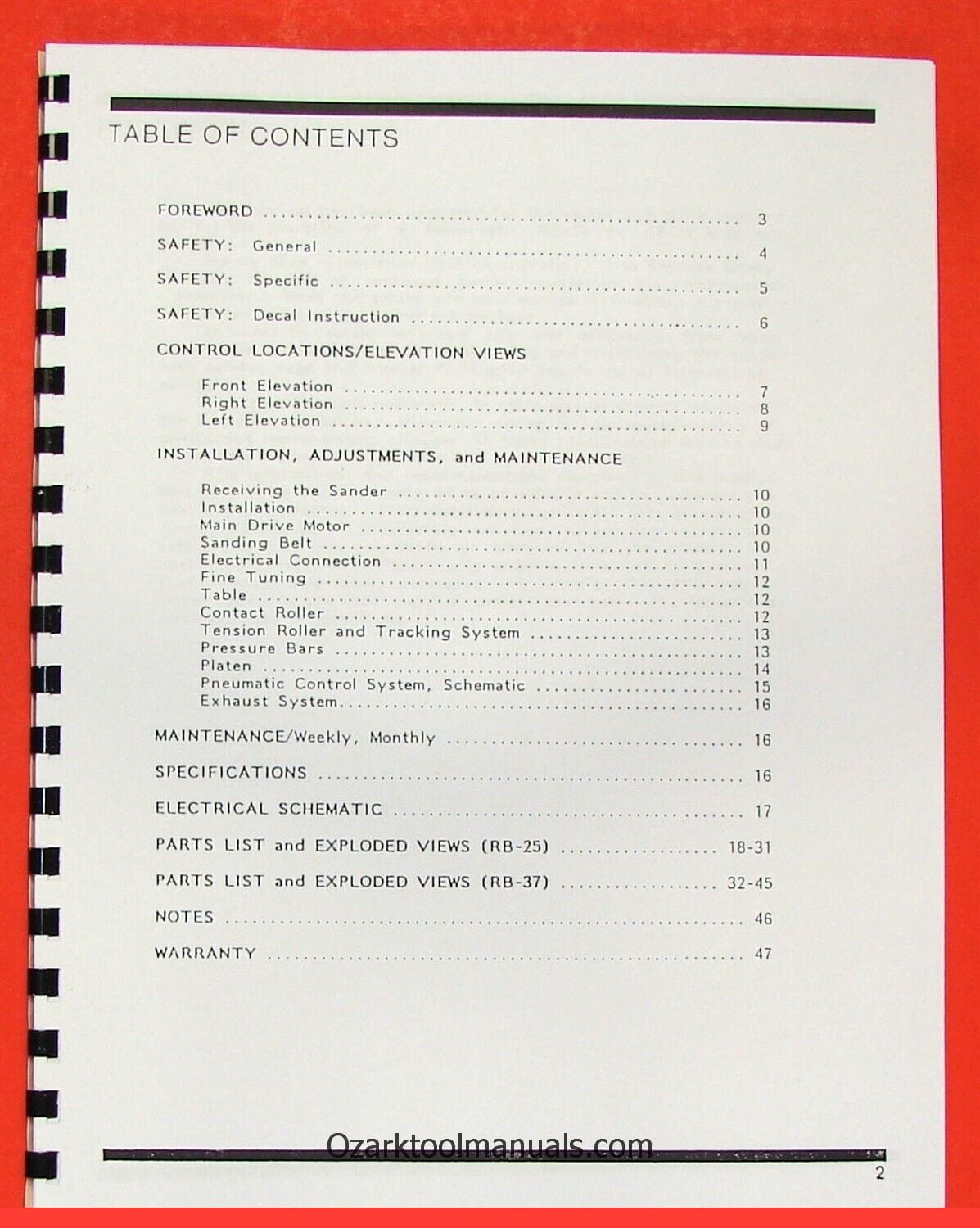 POWERMATIC Wide Belt Sander RB-25, RB-37 Owner Operator Part Manual 0559