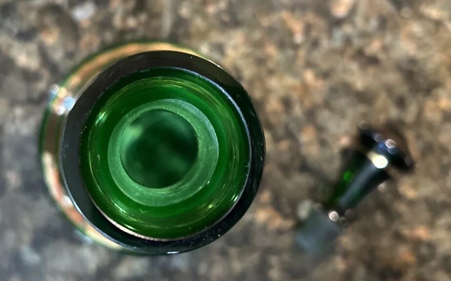 Borske Sklo Gold Banded Green Glass Decanter Mid Century Genie Jeannie Bottle