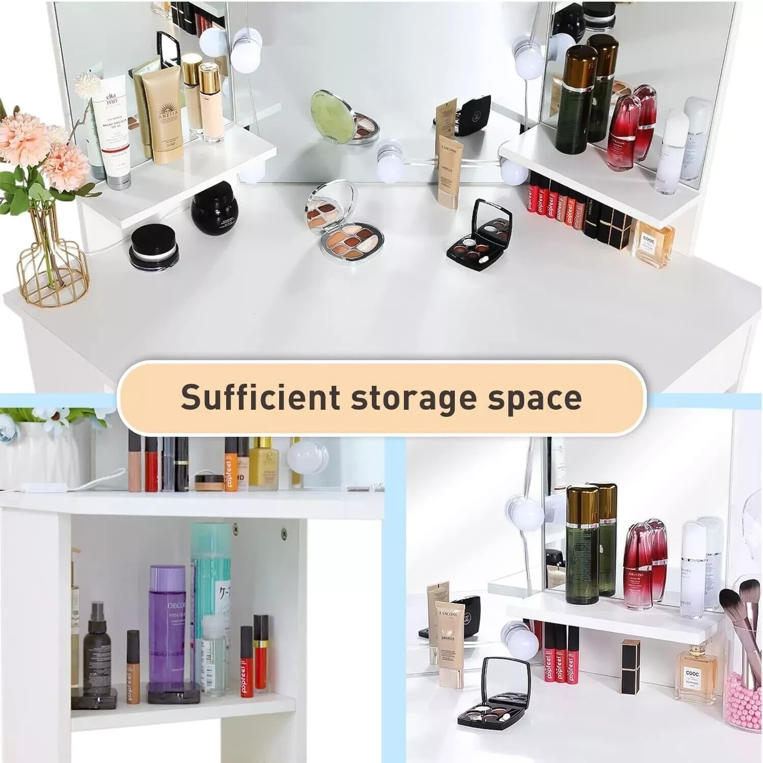 Corner Makeup Vanity Desk Bedroom Vanity Table with Lighted Mirror Girls Vanity~