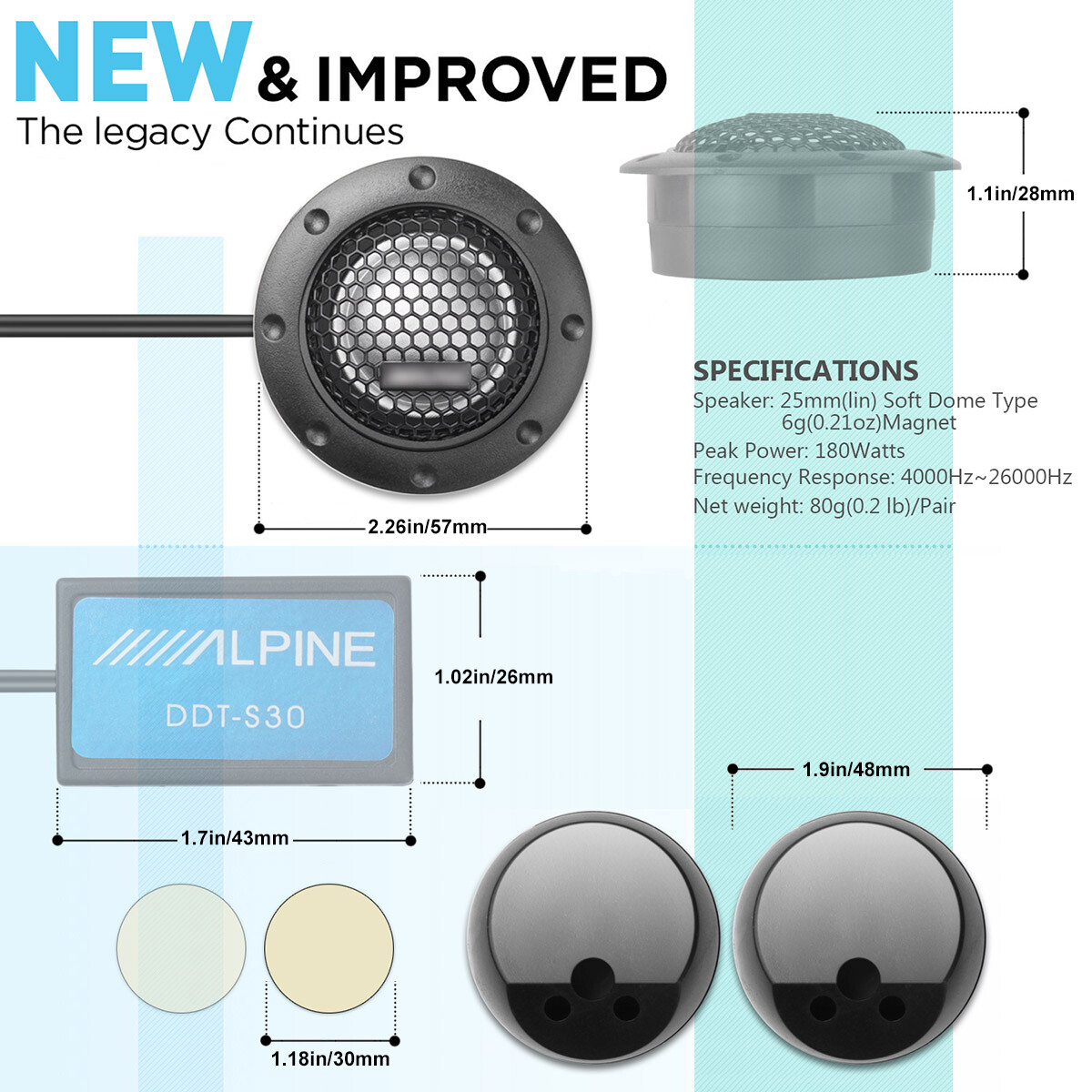 Pair Alpine DDT-S30 360W 2.5CM 1" Soft Dome Balanced Car Audio Speakers Tweeters