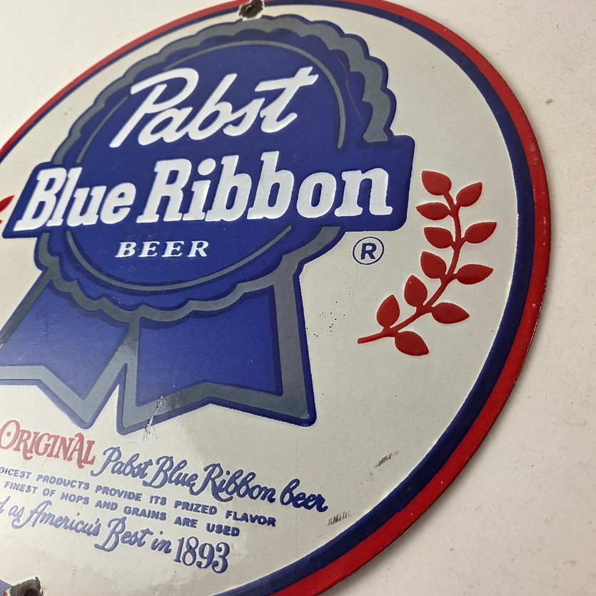 Vintage Pabst Blue Ribbon Beer Porcelain Sign - Ribbon Badge Logo Sign