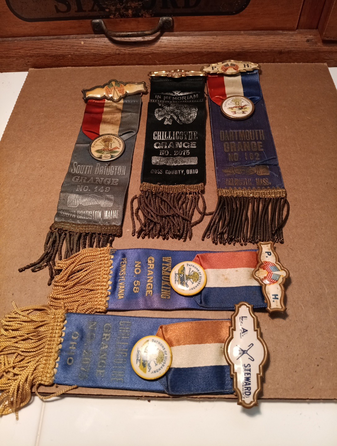 5 Original Patrons Of Husbandry Ribbons Various City's. All Complete Medals