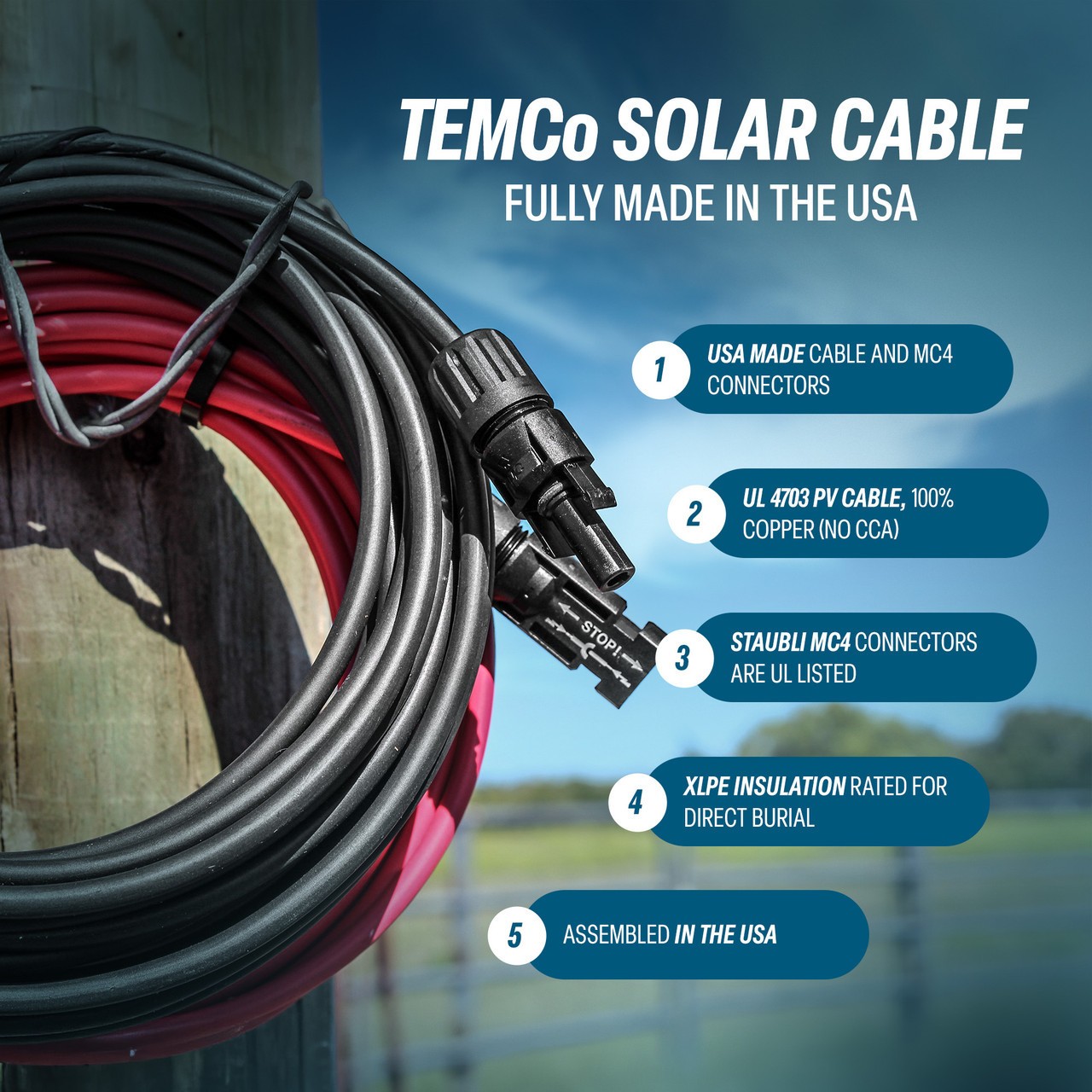 TEMCo 8 AWG PV Solar Extension Wire, 40 Ft Pair, Staubli MC4 Connectors