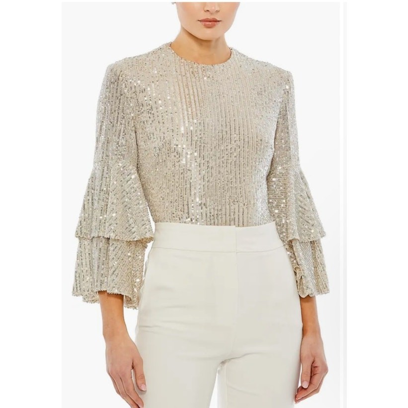 Mac Duggal NWD Size Small Nude Silver Ruffle 3/4 Sleeve Sequin Bodysuit R26822