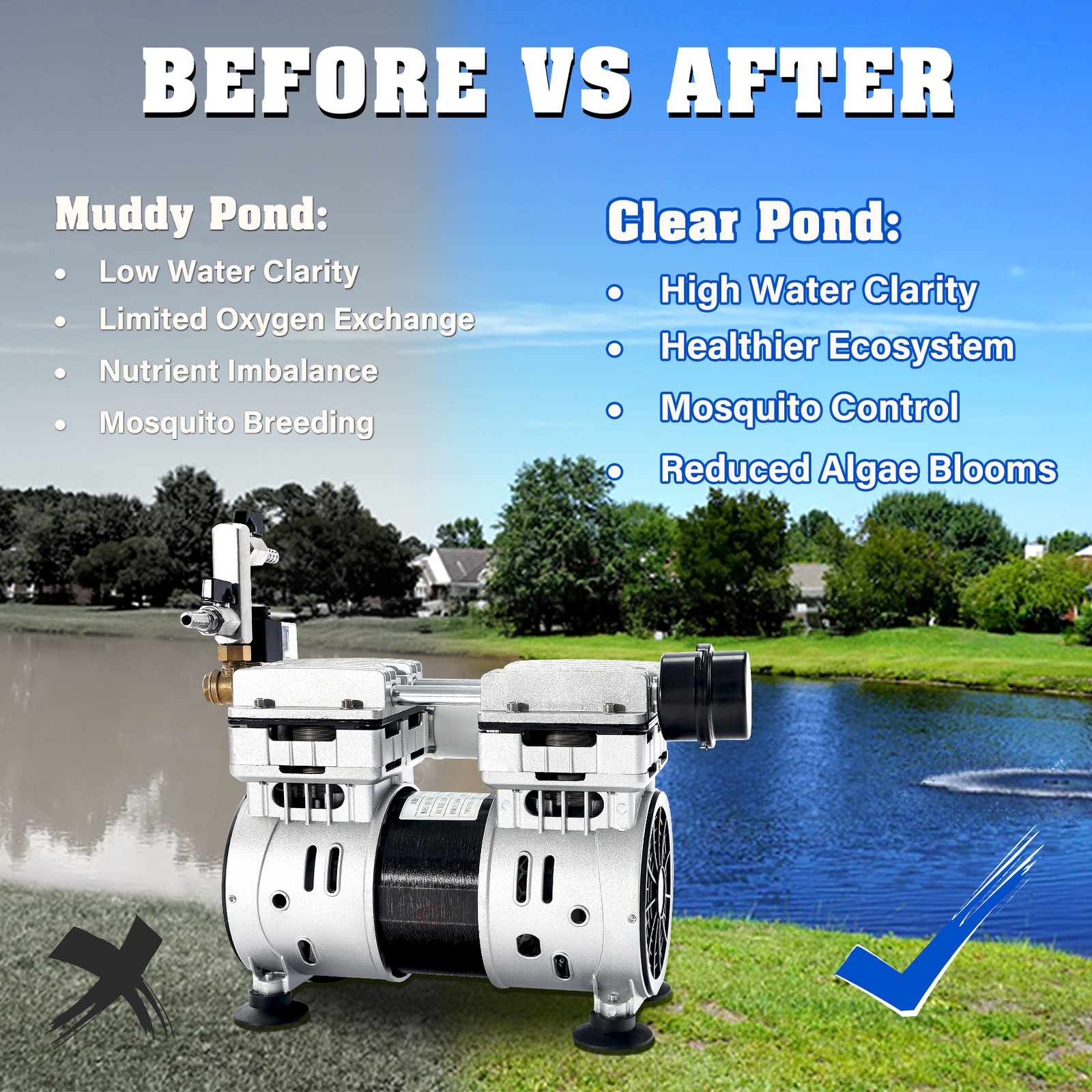 750W Pond Aerator 5.35CFM Lake Compressor Air Pump Aeration Diffuser Kit