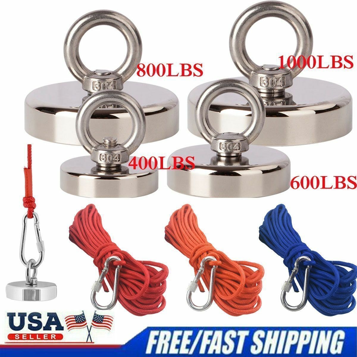 Fishing Magnet Kit 400-1000LBS Pull Force Strong Neodymium Rope Set