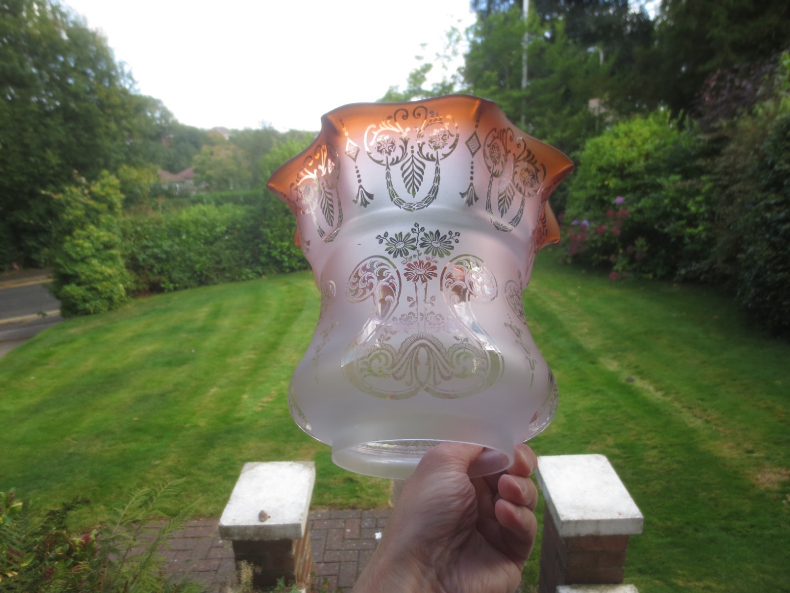 ORIGINAL  ANTIQUE TALL GLASS DUPLEX  ACID ETCHED  TULIP OIL LAMP SHADE