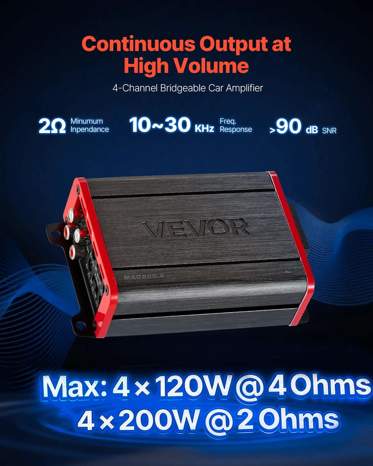VEVOR Car Audio Amplifier Car Amplifier 4-Channel Class D Max. 4x120W at 4 Ohms