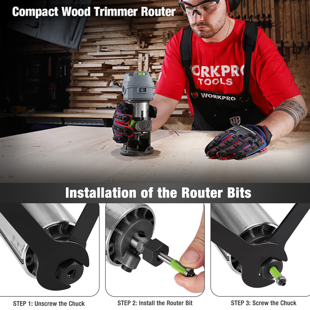 WORKPRO Compact Router Kit 6.5Amp Corded Router Tool 6 Variable Speeds 30000 RPM