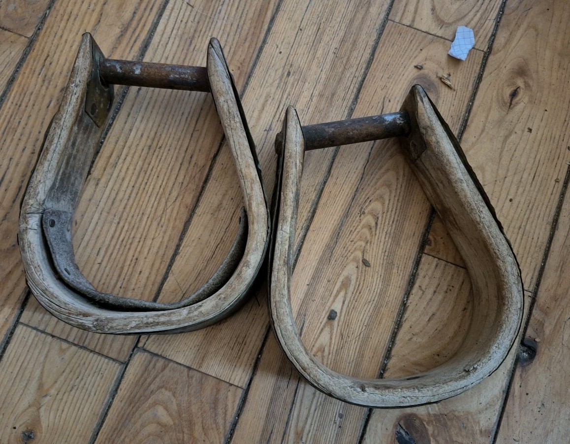 Vintage, Antique Western Saddle  Cowboy Oxbow Stirrups Wood and Iron