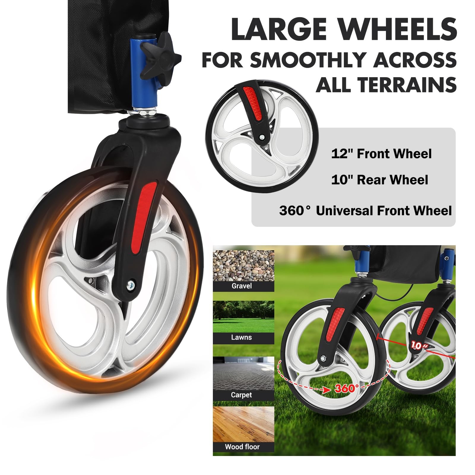 Foldable All Terrain Rollator Walker with Seat and 12" Rubber Wheels for Seniors