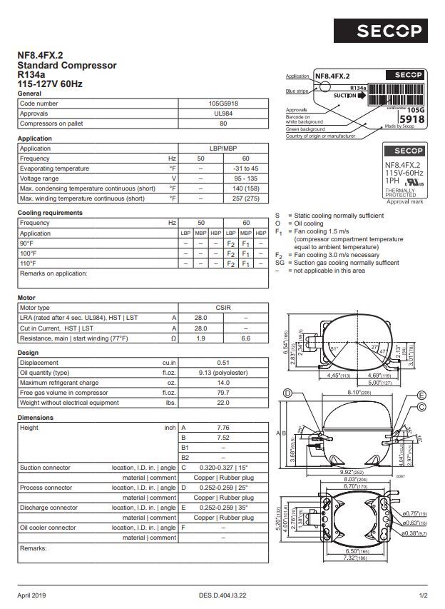 Secop NF8.4FX2 R134a Refrigeration Compressor 1032 LBP 3767 HBP BTU 115V 1/4HP