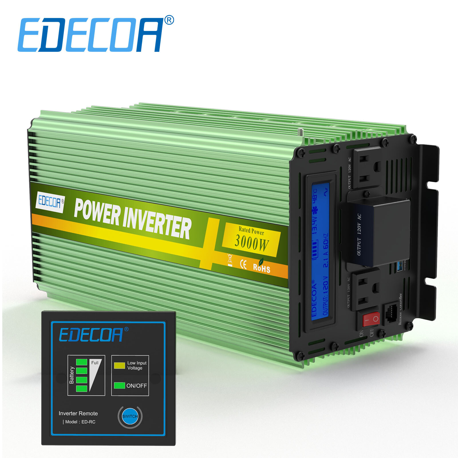 Power Inverter 3000 W 6000 Watt 12V DC to 110V 120V AC LCD Cable Car RV EDECOA