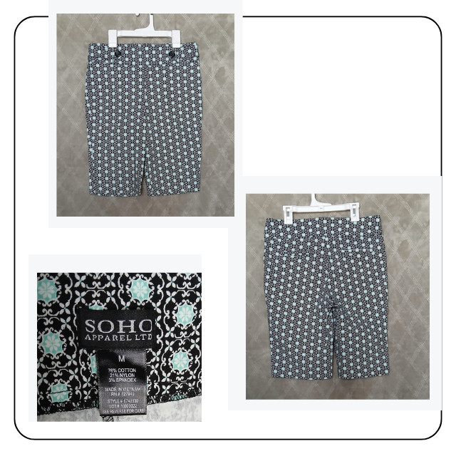 SOHO APPAREL LTD Shorts Womens Medium Black Geometric Bermuda Stretch 10 Inseam