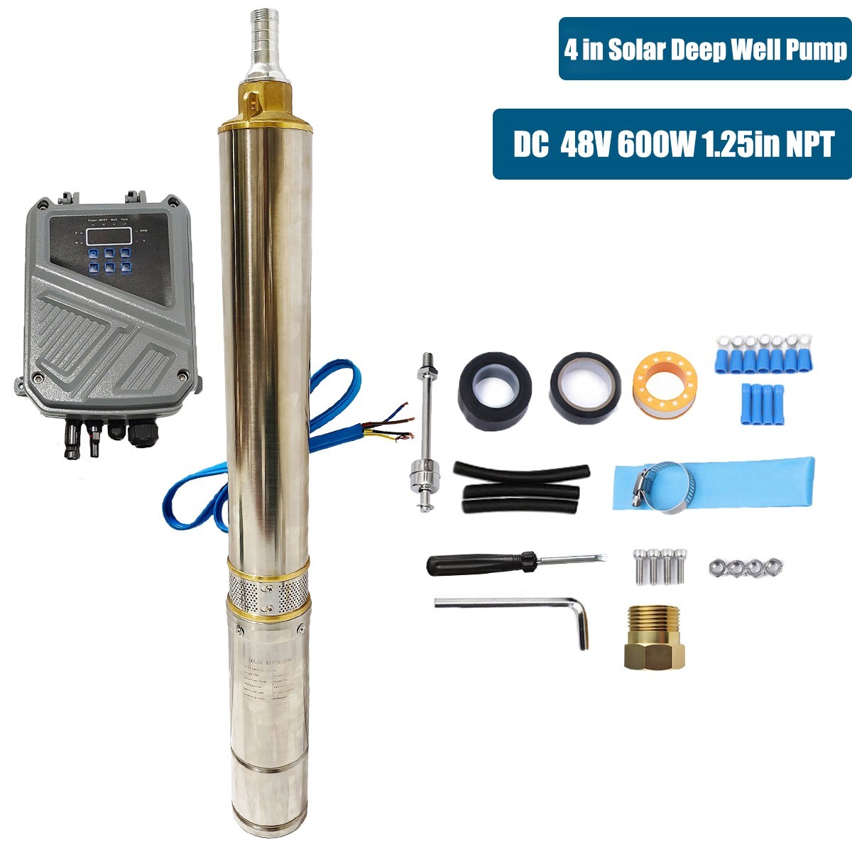 4" 600W Solar Pump Submersible Pump Bore Deep Well Pump+MPPT Controller DC 48V