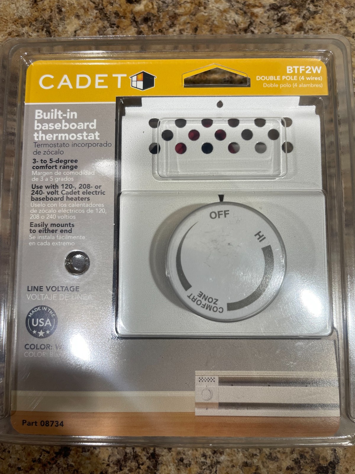 Cadet 08734 White Double-Pole Built-In Thermostat Baseboard BTF2W