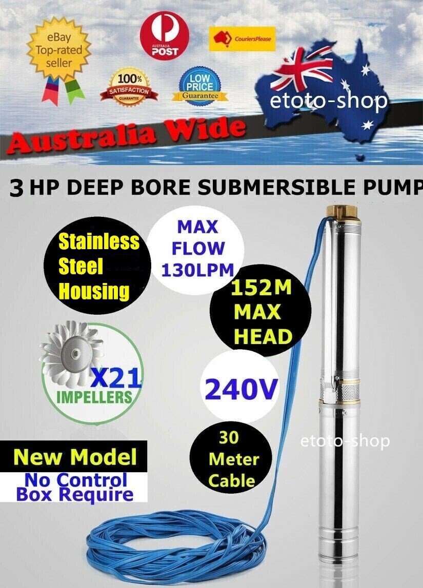 New Model 3 HP S/Steel Submersible Bore Water Pump with 30M Cable