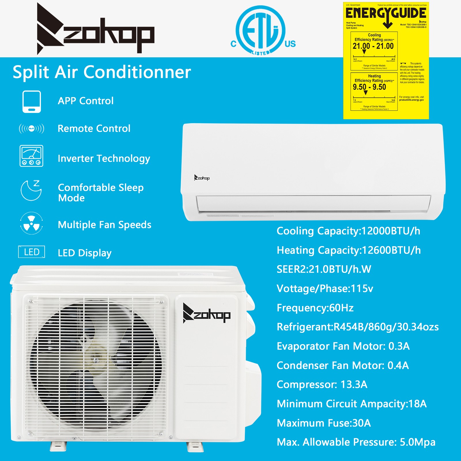 12000 BTU 21 SEER Mini Split Air Conditioner & Heat Pump 115V Inverter AC w/Wifi