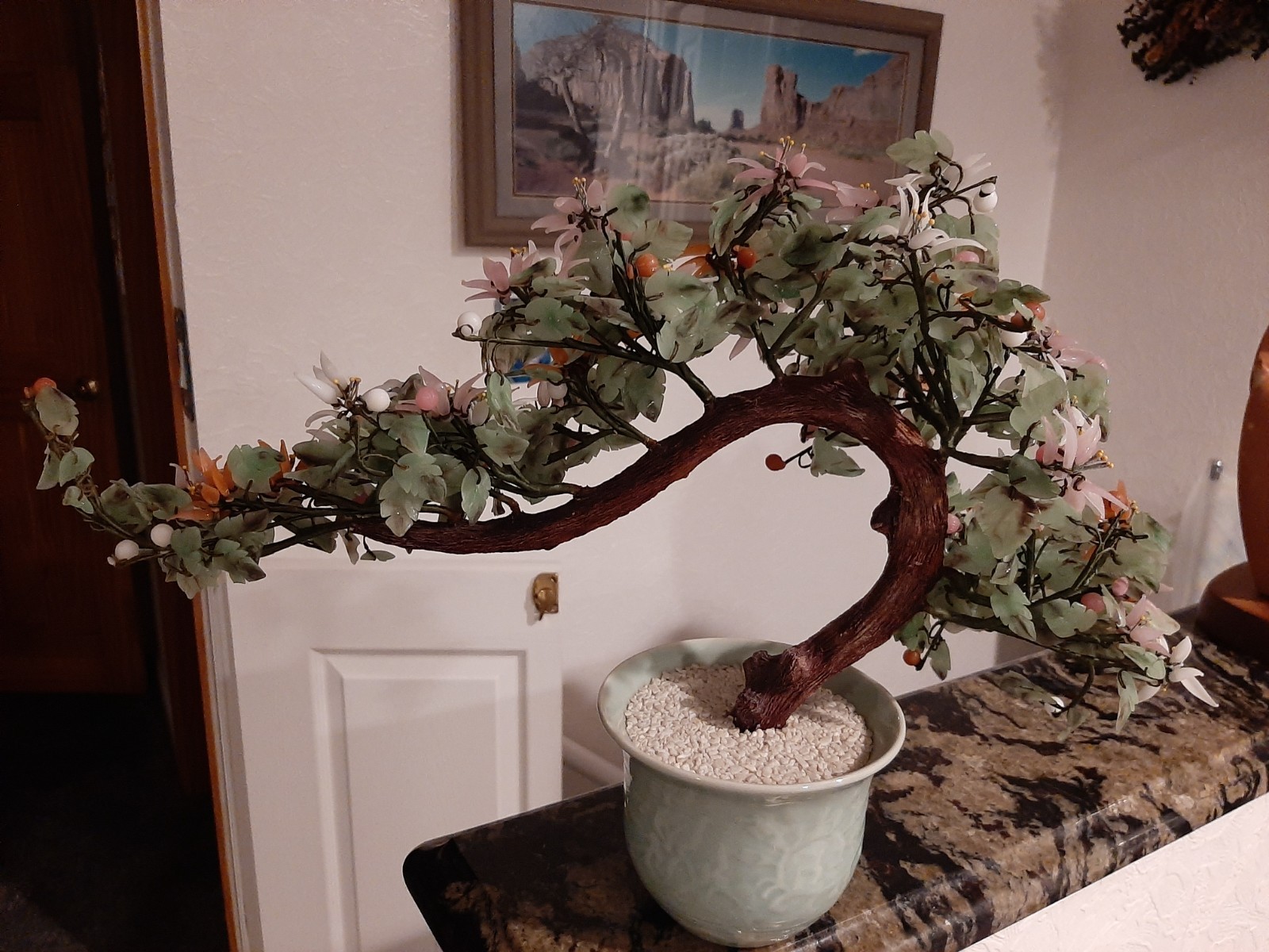 Vintage Chinese Glass Jade Quartz Bonsai Flower Tree In Celadon Pot