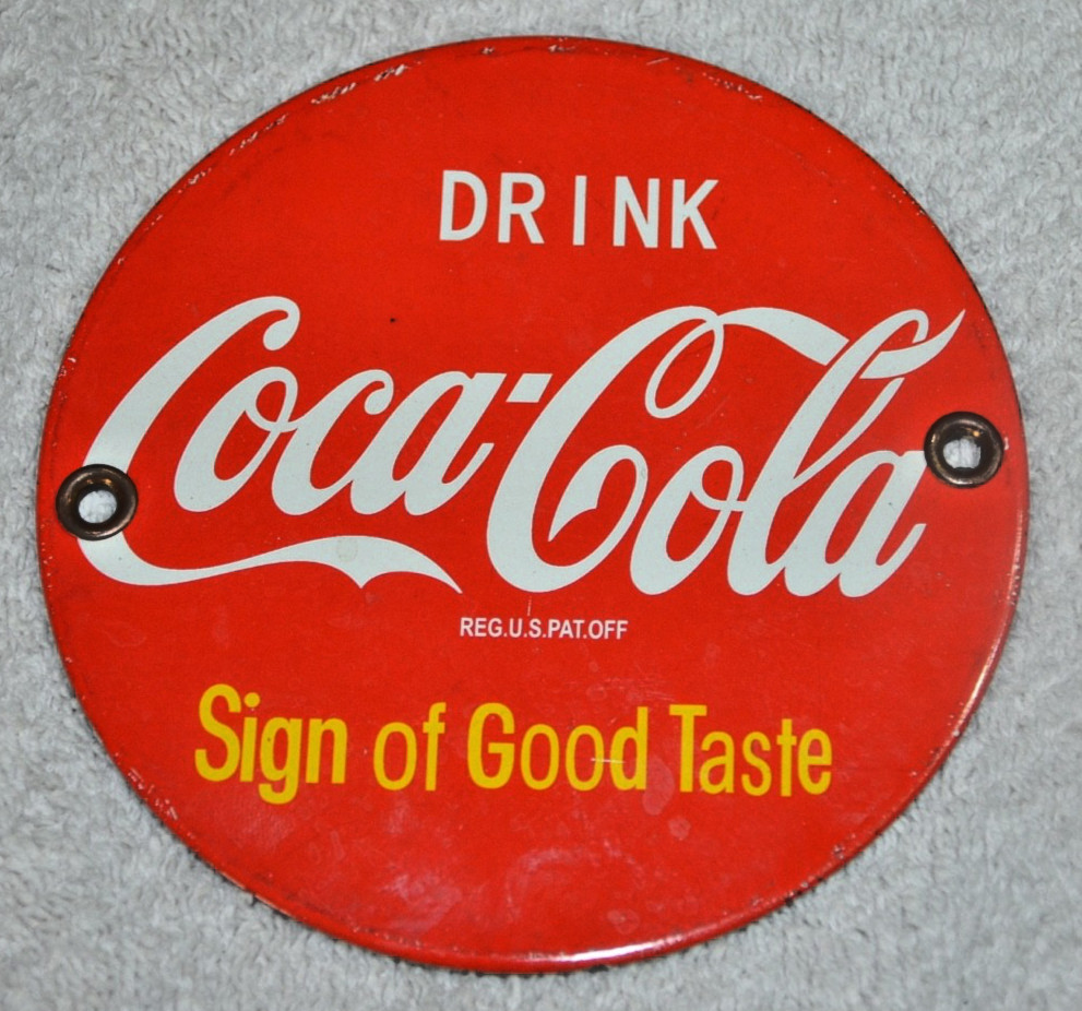 VINTAGE 1950'S COCA COLA PORCELAIN GAS SODA BEVERAGE SERVICE STATION SIGN  5"