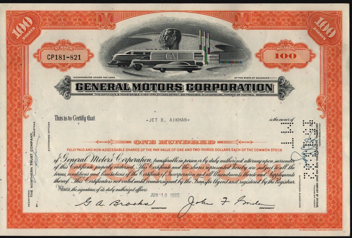 GENERAL MOTORS CORPORATION 1 BOND 1965 100 SHARES,COMMON STOCK
