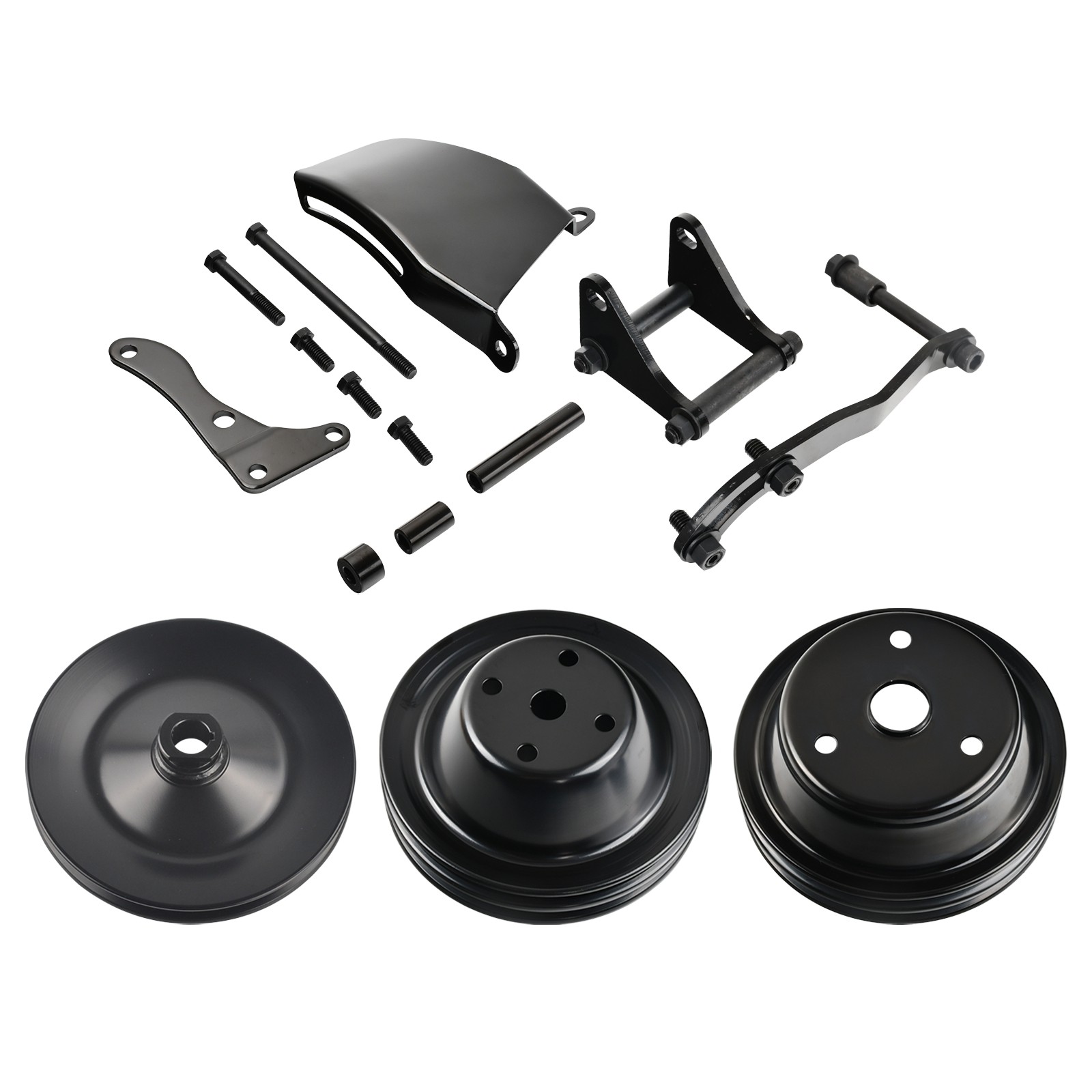 For Small Block Chevy SBC 350 Black Steel Long Water Pump Pulley & Bracket Kit