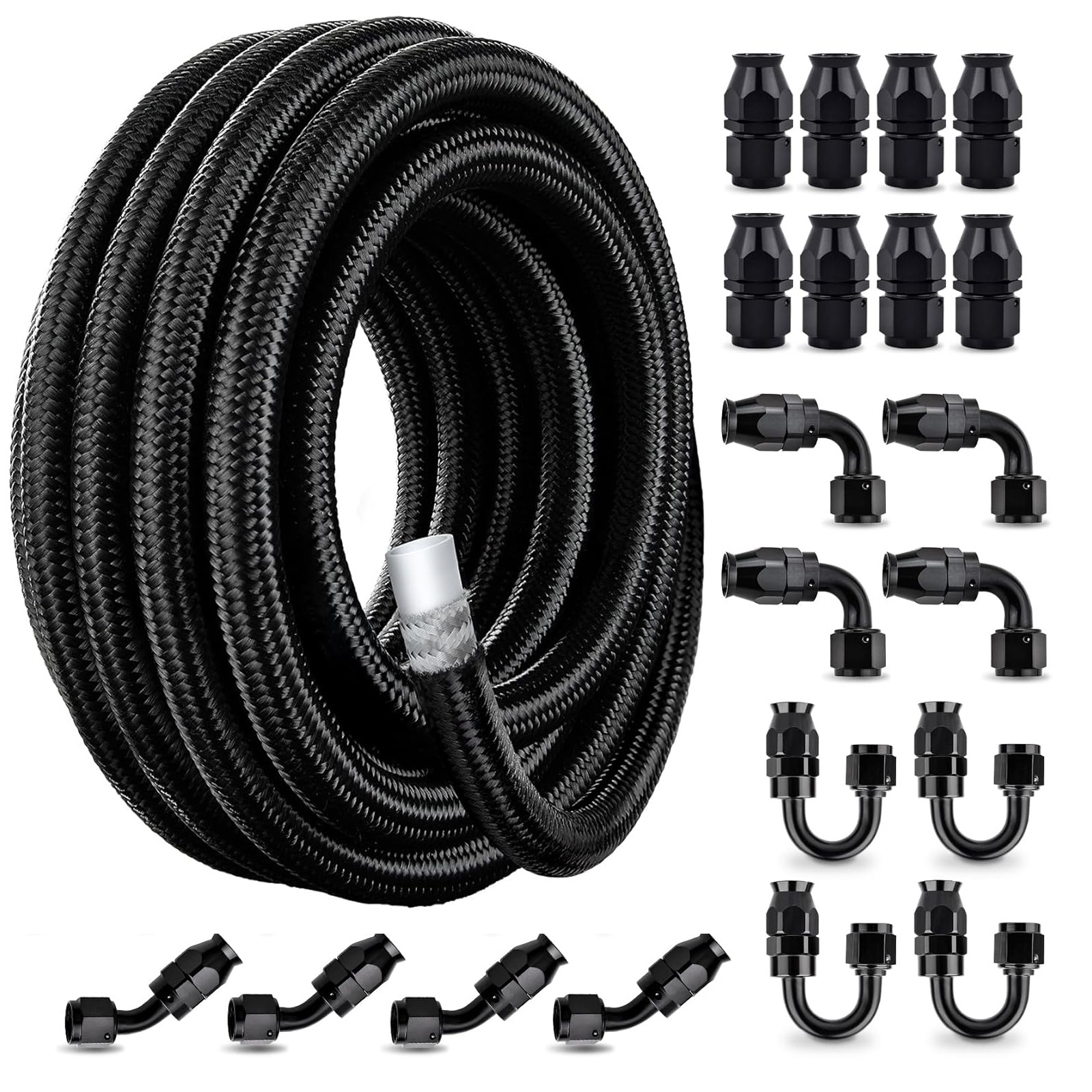 6AN 8AN 10AN Nylon E85 Safe Braided Hose Kit PTFE Fuel Line w/ Fittings 10-30FT