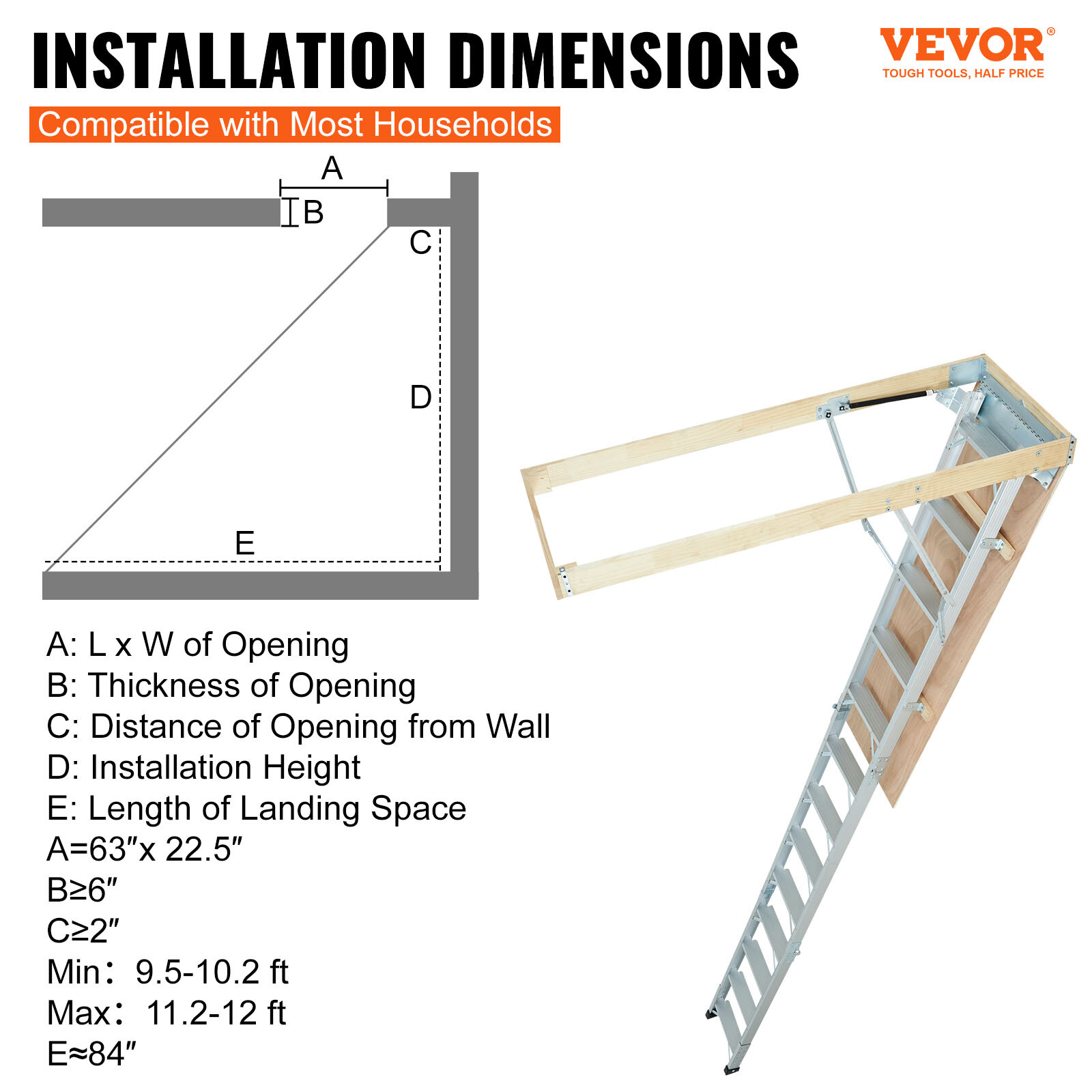 VEVOR Folding Attic Ladder Aluminum Adjustable Portable Loft Stairs Ceiling