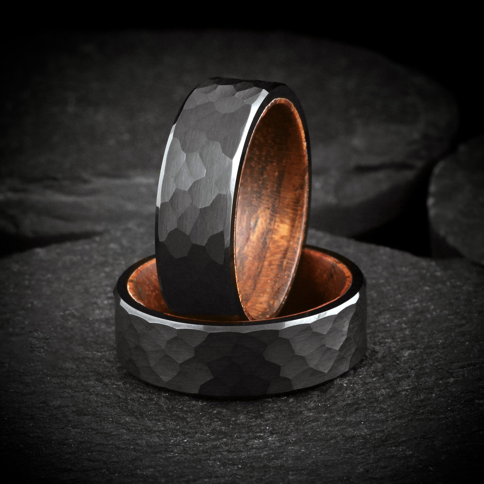 Black Brushed Hammered Tungsten Carbide Ring w/ Rosewood Inside Wedding Band