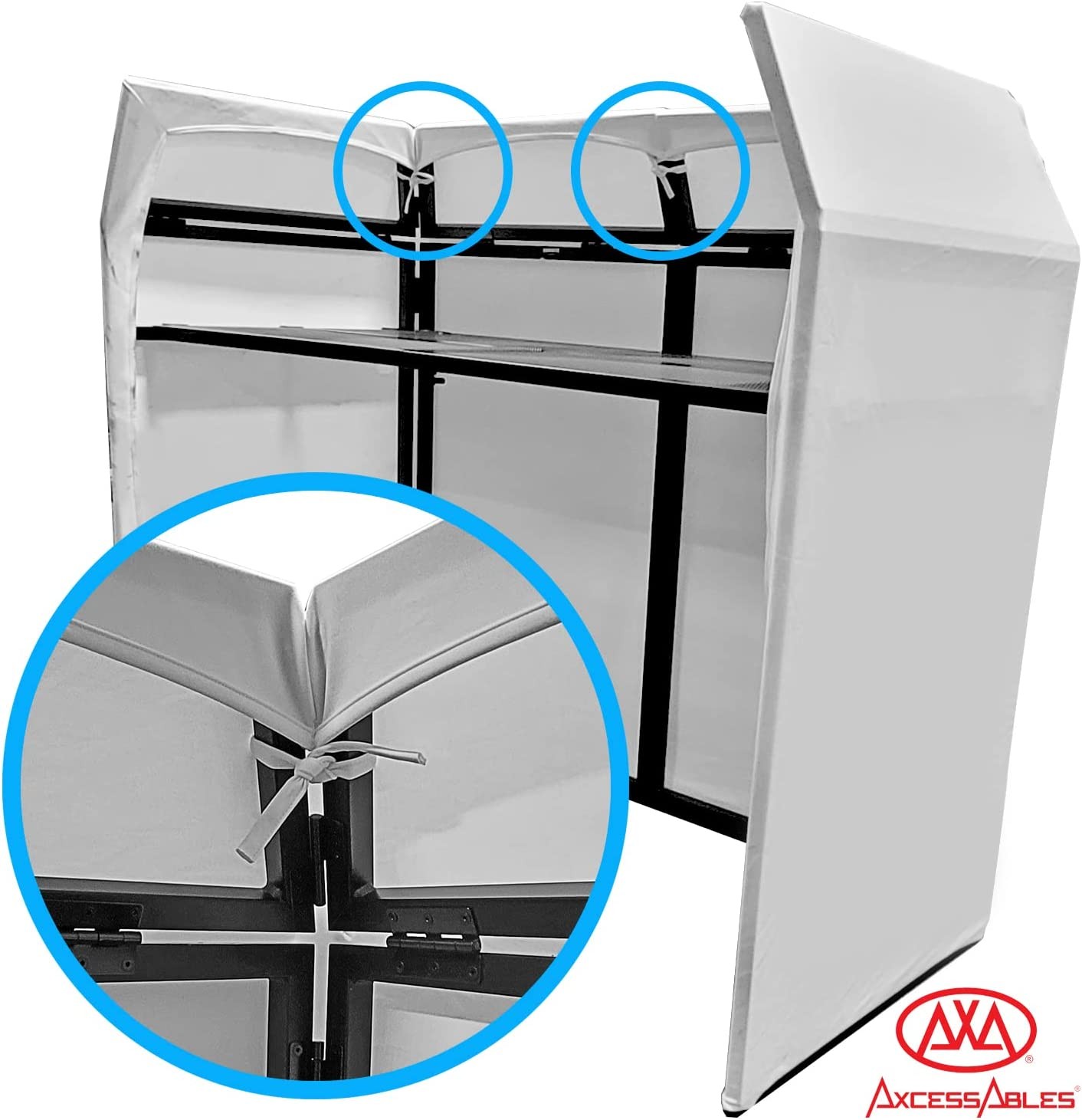 AxcessAbles DJ Booth XL DJ Facade Table Stand W/ Black, White Scrims, Bag