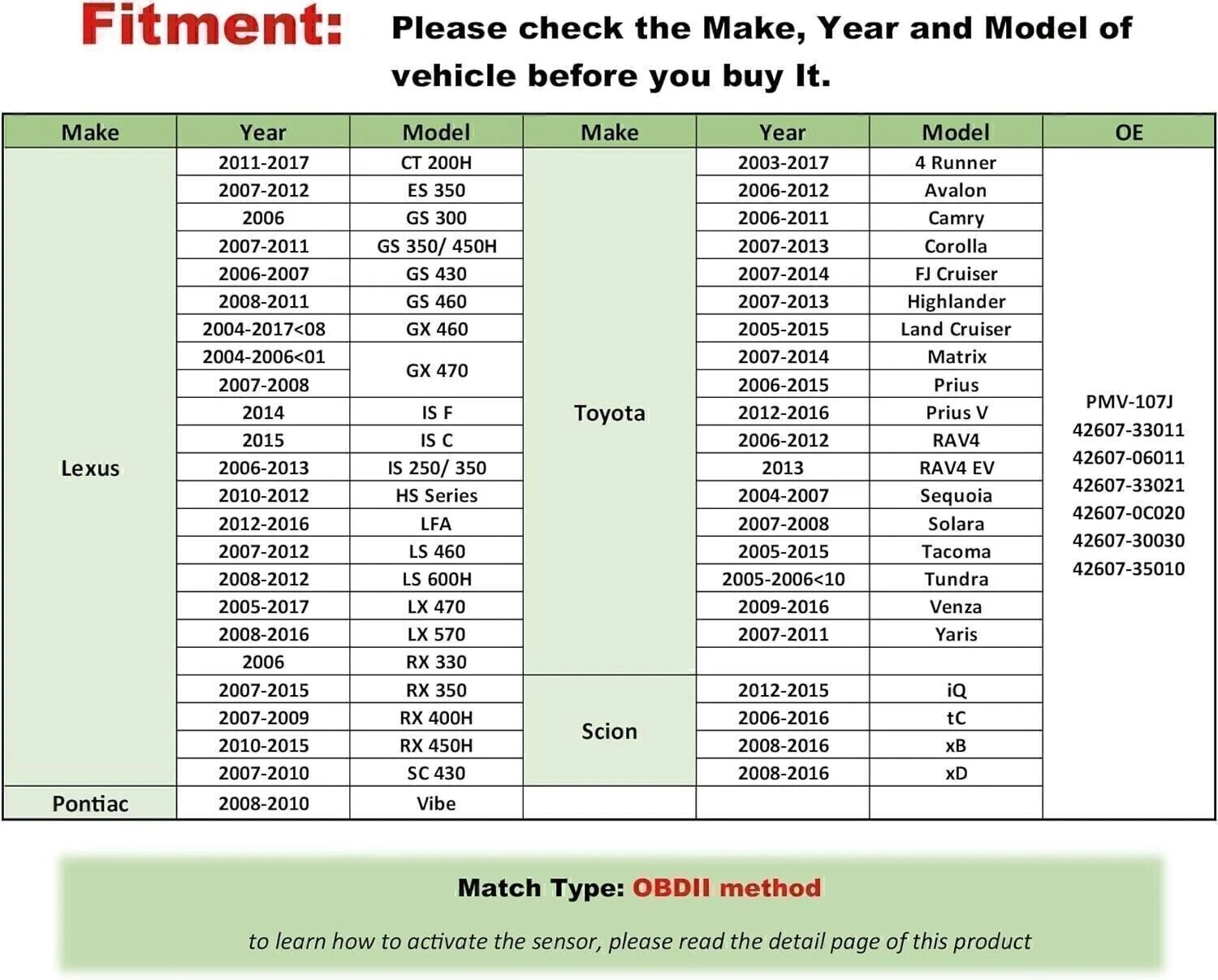 4x Tire Pressure Sensor TPMS 42607-33021 For Toyota Corolla Lexus PMV-107J New