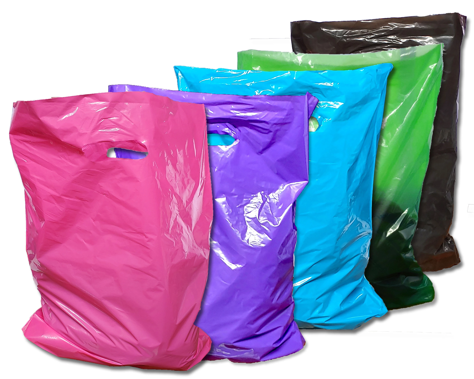 100 Pack Plastic Merchandise Bags, 3 Sizes, 9x12, 12x15, 15x18x4" Die Cut Handle