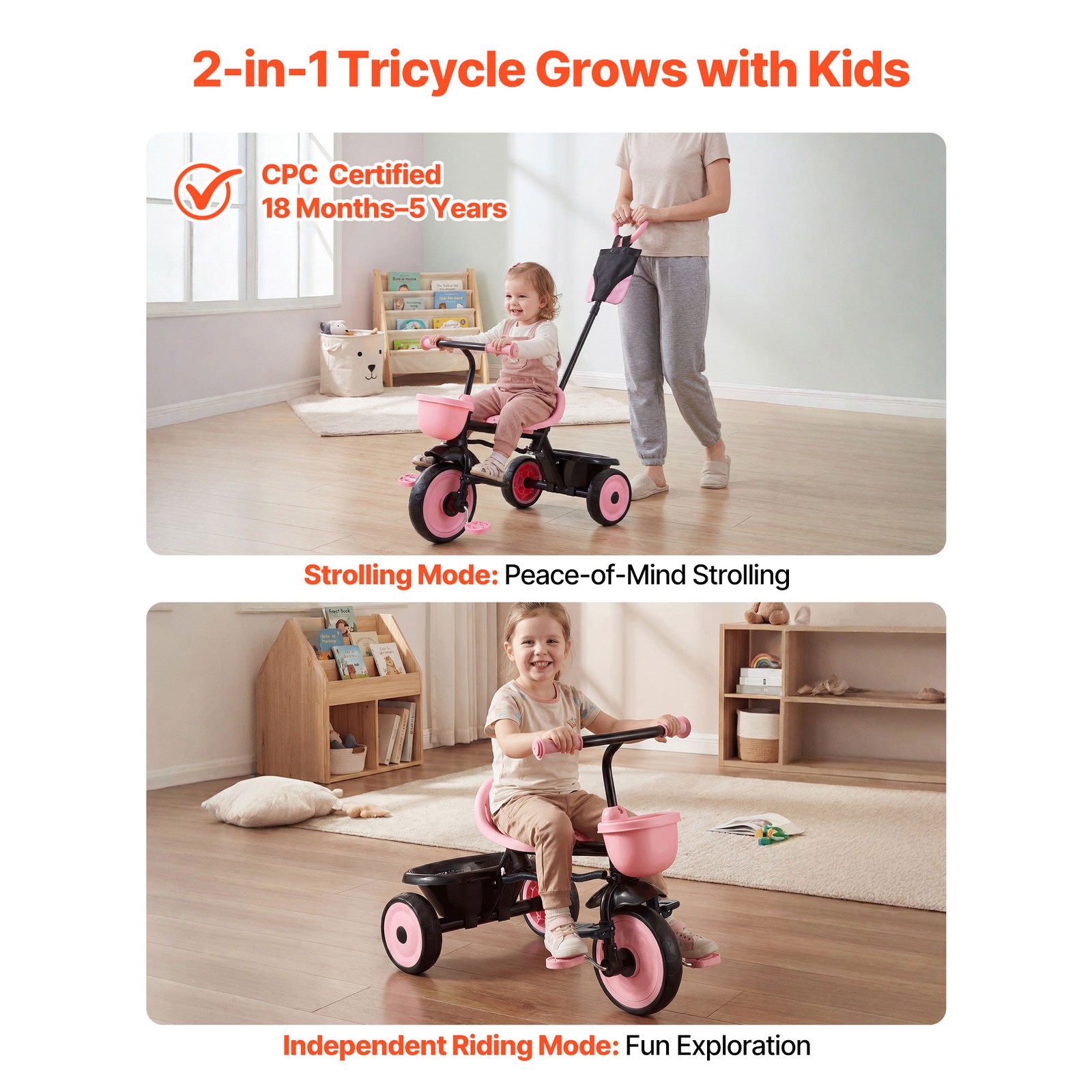 Uimoso Toddler Tricycle & Stroller for Ages 1.5-5 Kids Trike with Push Handle