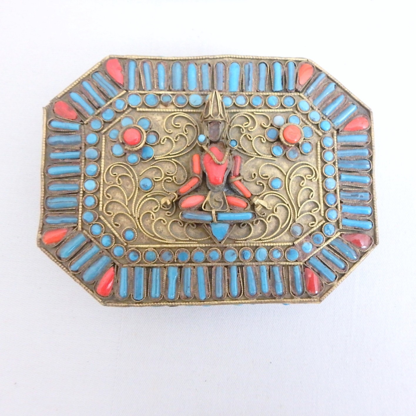 Antique Tibetan Gau, Prayer Box; Brass, Turquoise, Coral