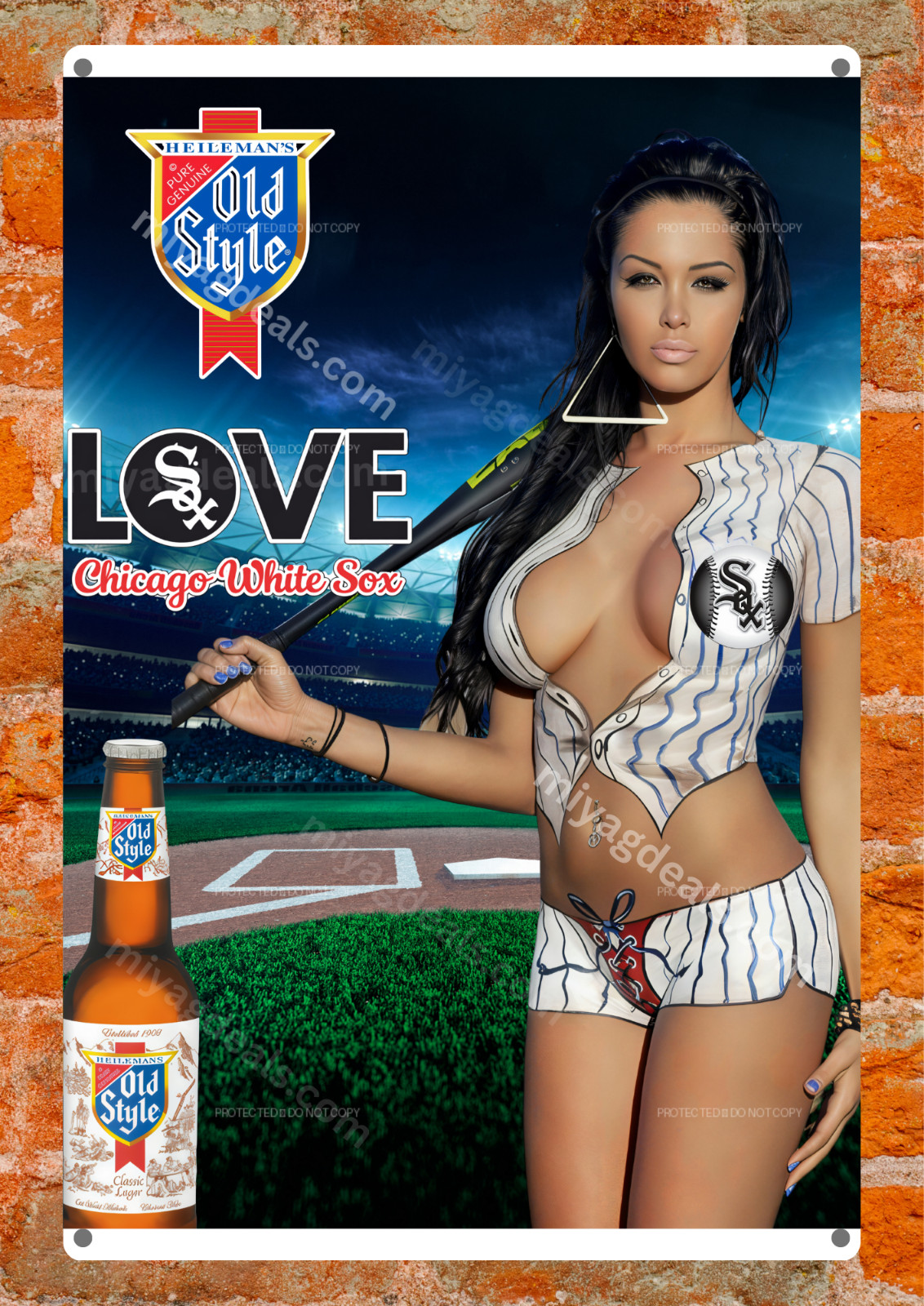 Old Style Beer White Sox Baseball Pin-Up Metal Poster Man Cave Decor Read Des